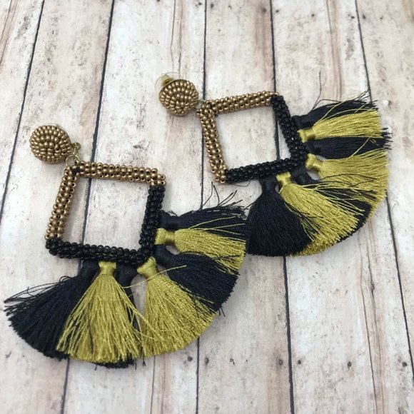 Black and Gold Tassel Seed Bead Earrings~Saints Seed Bead Diamond Earrings - Picture 2 of 2